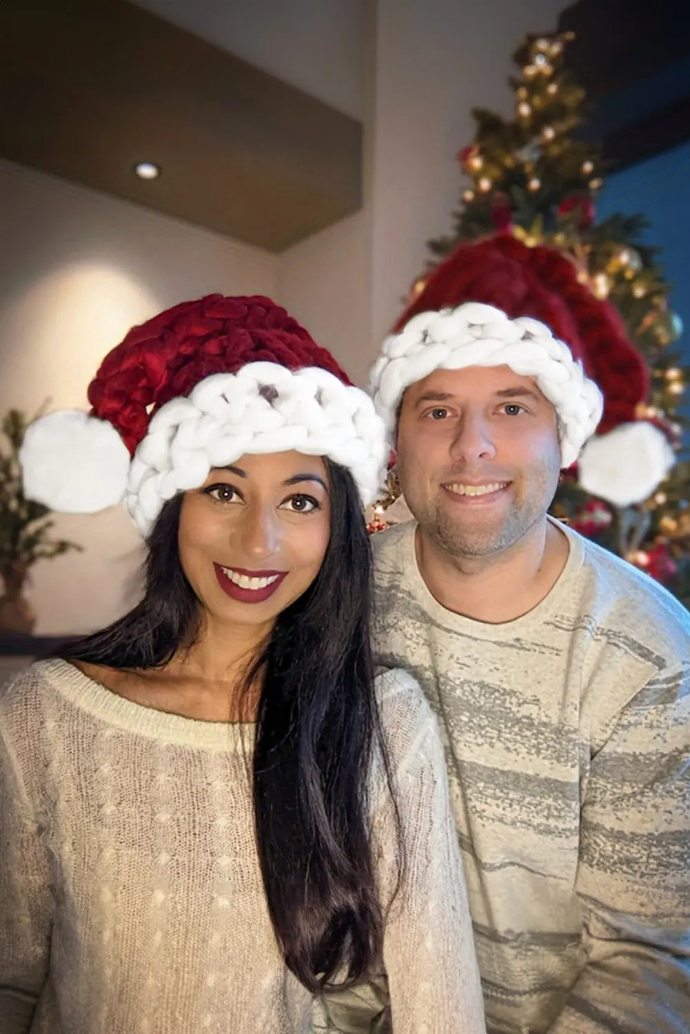 Red Dahlia Color Block Pom Pom Decor Chunky Knitted Christmas Hat Dear-Lover Dropshipping