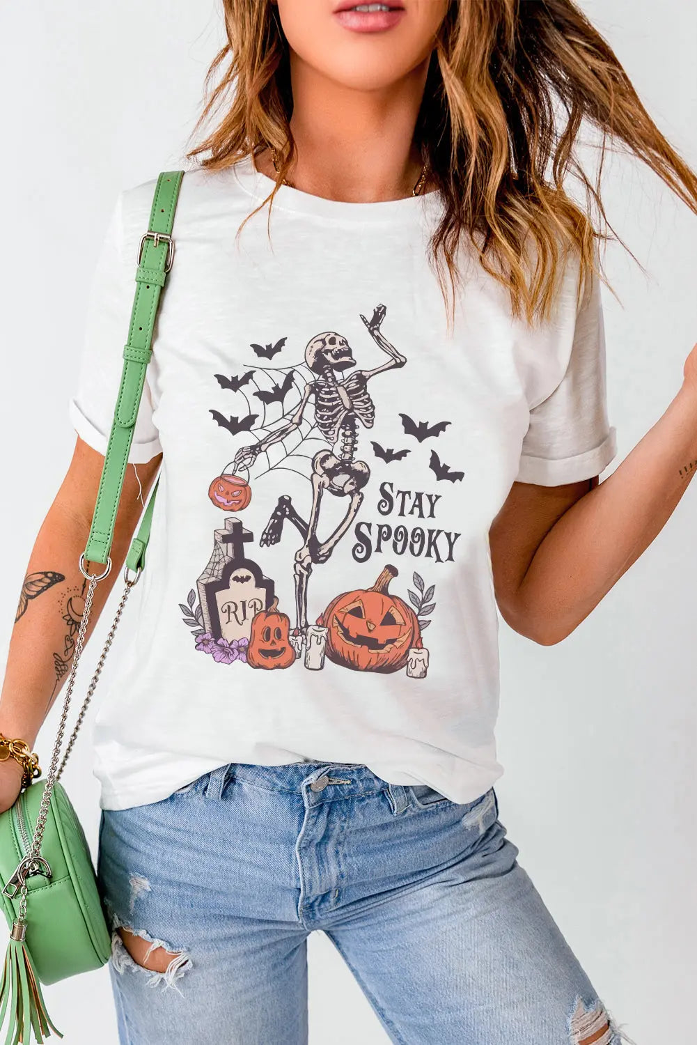 White Skull Pumpkin Face STAY SPOOKY Graphic Halloween T Shirt Dear-Lover Dropshipping