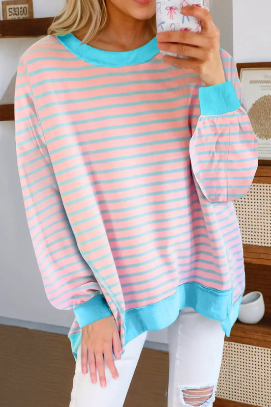 Pink Stripe Contrast Trim High Low Pullover Tunic Sweatshirt Dear-Lover Dropshipping