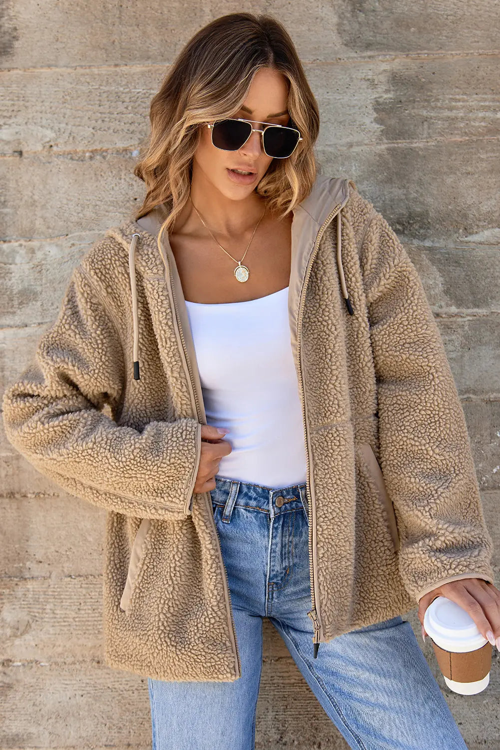 Pale Khaki Fleece Zip Up Drawstring Hooded Pocketed Jacket Dear-Lover Dropshipping