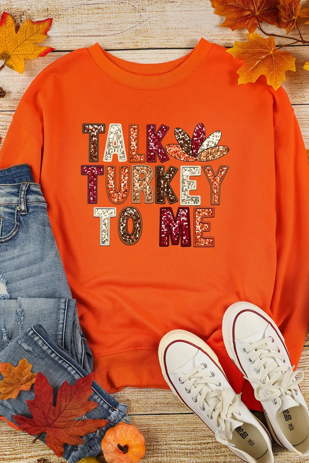 Orange TALK TURKEY TO ME Heat Transfer Printing Graphic Thanksgiving Holiday Sweatshirt Dear-Lover Dropshipping