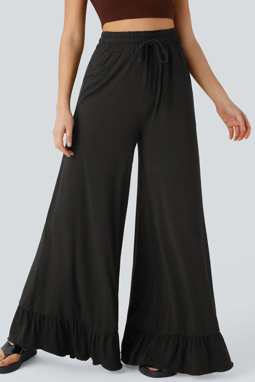 Black Ruffled Wide Leg Pull On High Waist Pants with Pockets Dear-Lover Dropshipping