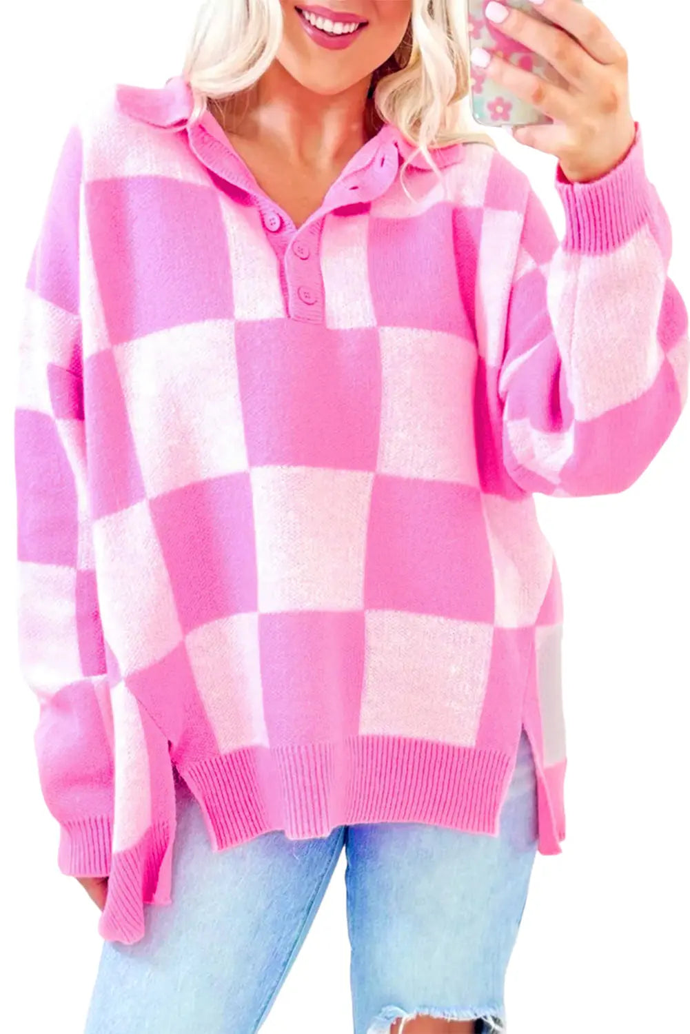 Pink Checkerboard Half Button Collared Drop Shoulder Sweater Dear-Lover Dropshipping