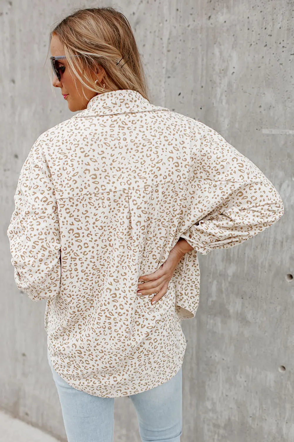 Beige Leopard Print Flap Pockets Buttoned Corduroy Shacket Dear-Lover Dropshipping