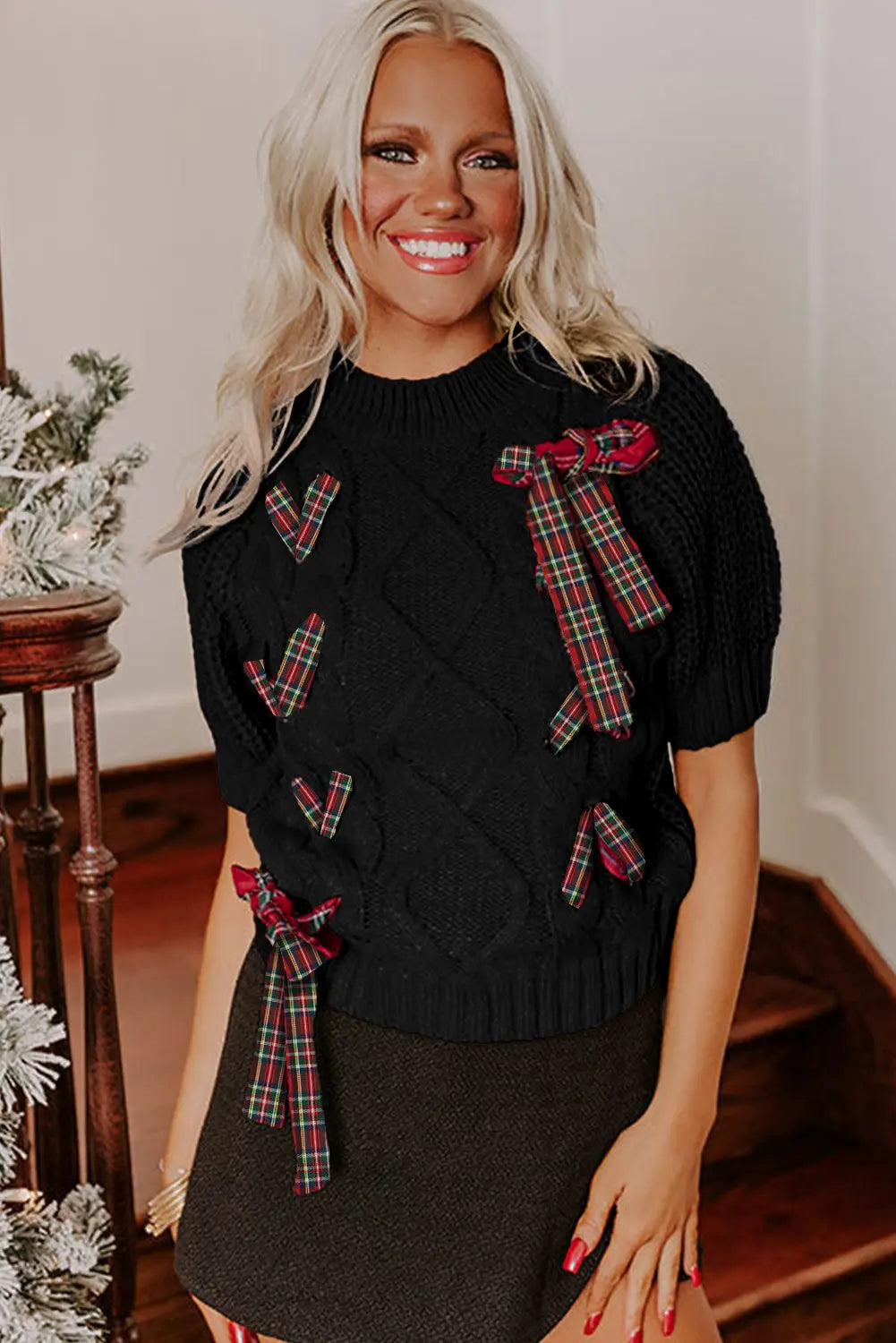 Black Plaid Lace up Detail Christmas Holiday Puff Short Sleeve Sweater Dear-Lover Dropshipping