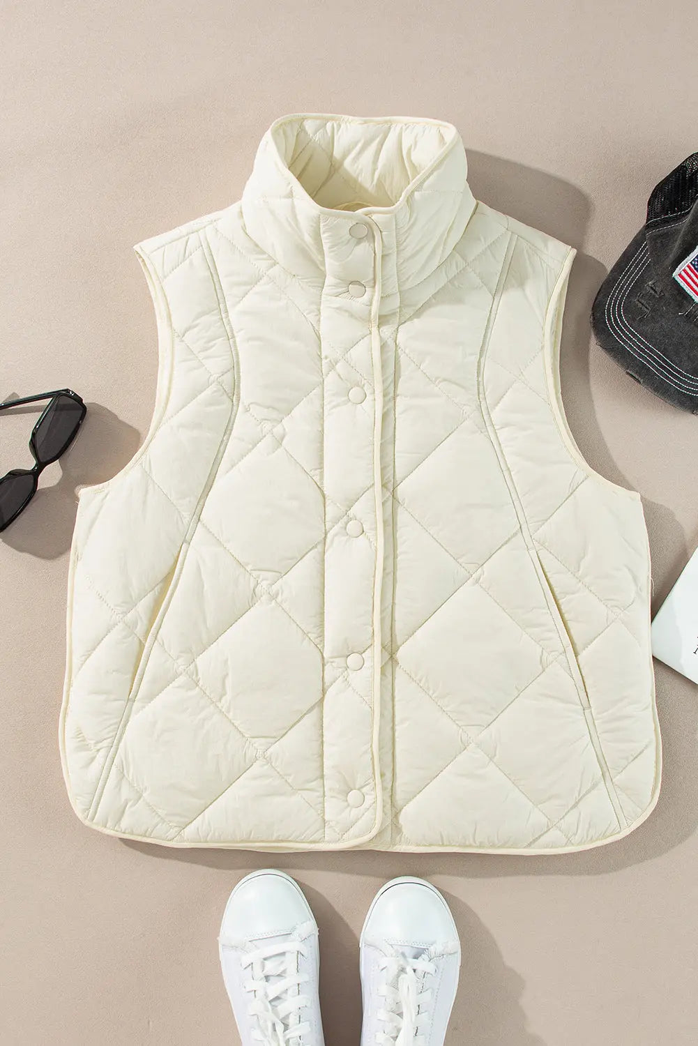 Beige Quilted High Neck Button Up Pocket Vest Coat Dear-Lover Dropshipping
