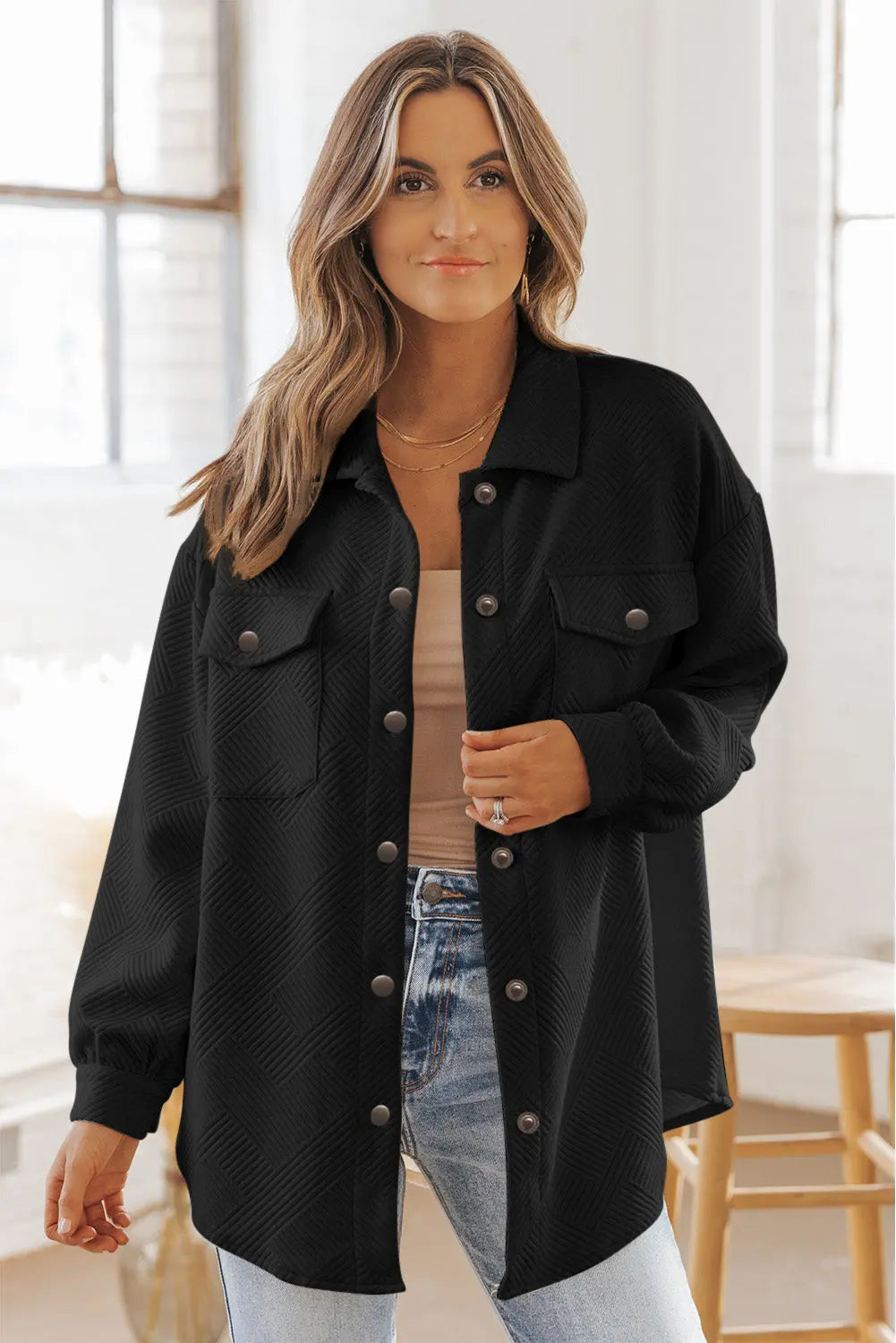 Black Solid Textured Flap Pocket Buttoned Shacket Dear-Lover Dropshipping