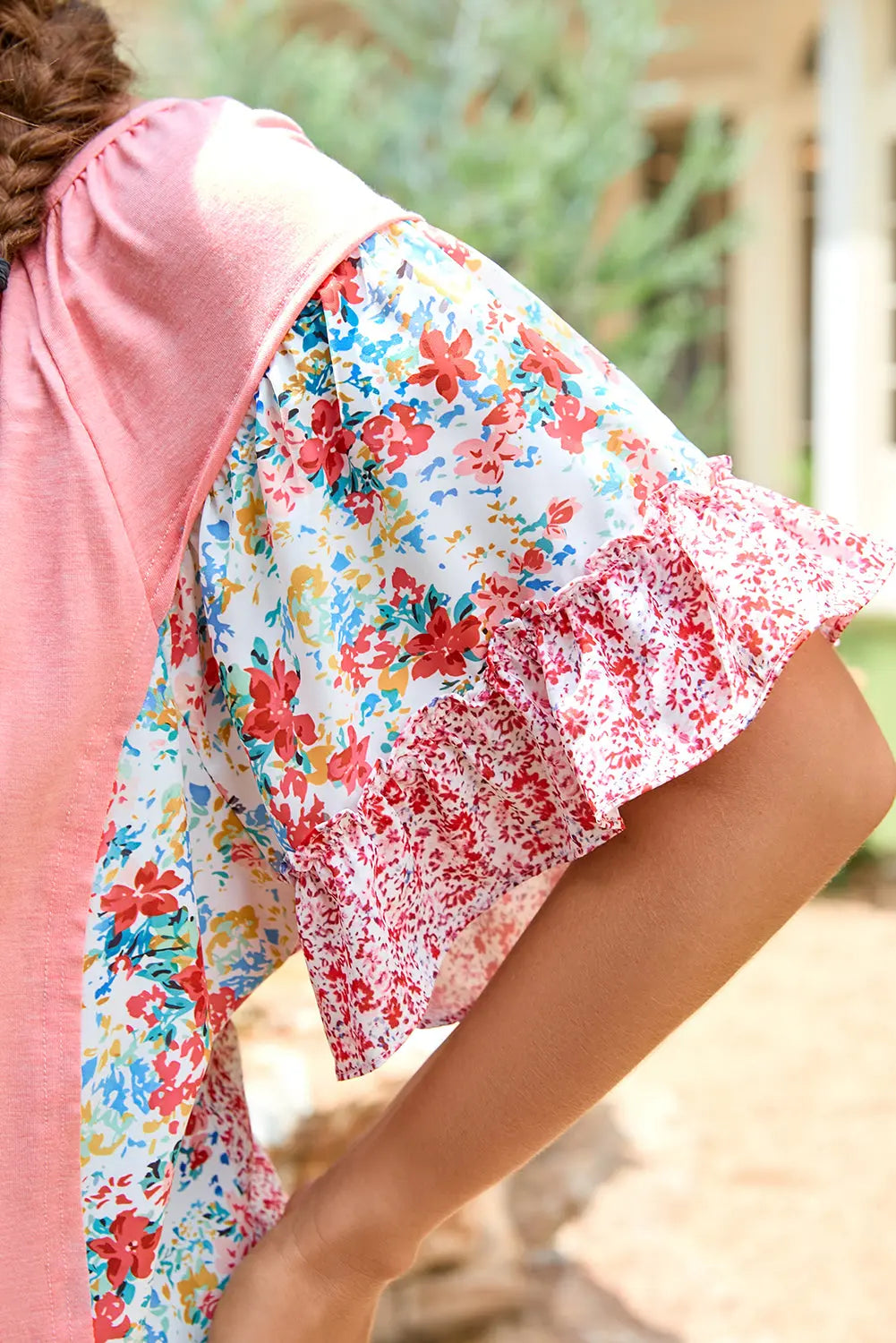 Pink Plus Size Floral Patchwork Ruffled Short Sleeve Blouse Dear-Lover Dropshipping