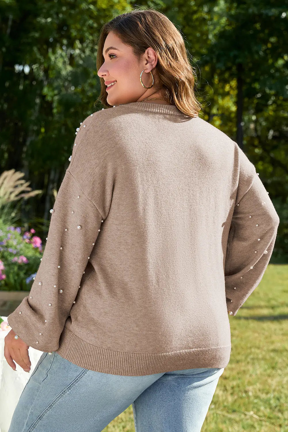 Smoke Gray Pearled Drop Shoulder Plus Size Sweater Dear-Lover Dropshipping