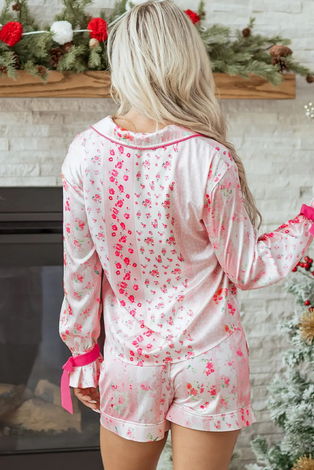 Pink Mixed Floral Print Contrast Piping Trim Satin Tie 2pcs Pajama Set Dear-Lover Dropshipping