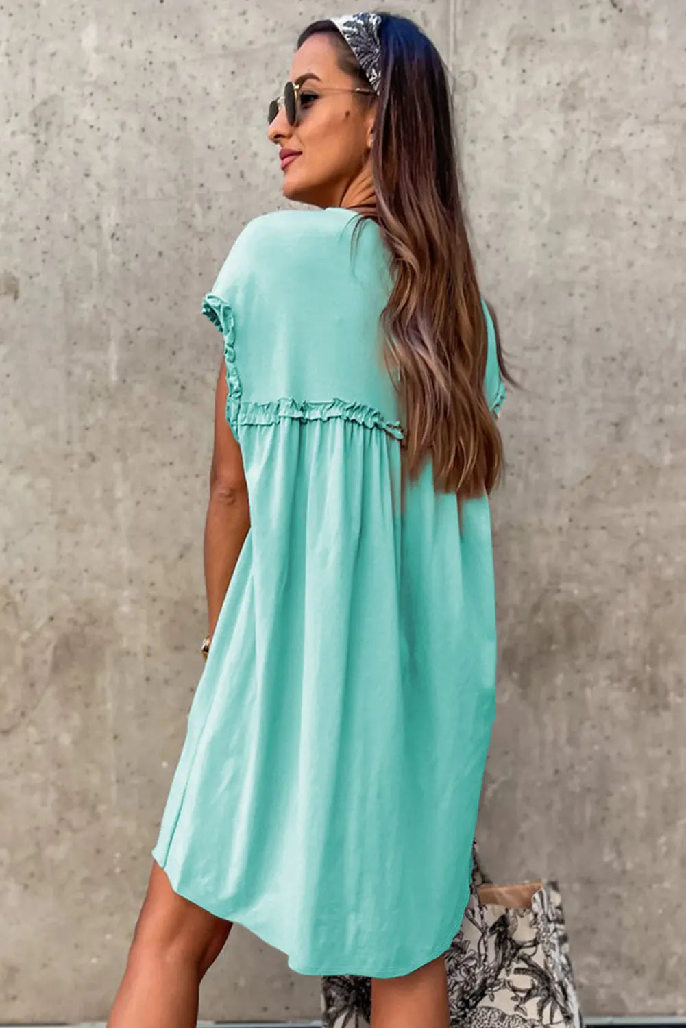 Mint Green Frilled Trim Crew Neck Loose Fit Mini Dress Dear-Lover Dropshipping