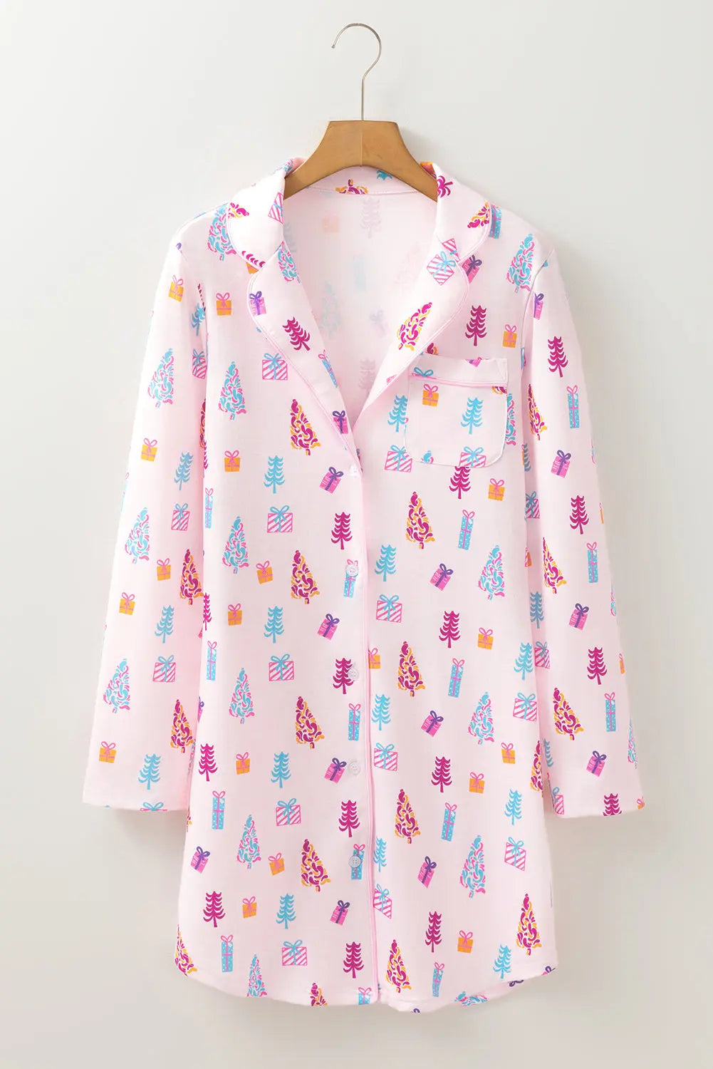 Pink Christmas Twinkle Tree Print Shirt Sleep Dress Dear-Lover Dropshipping