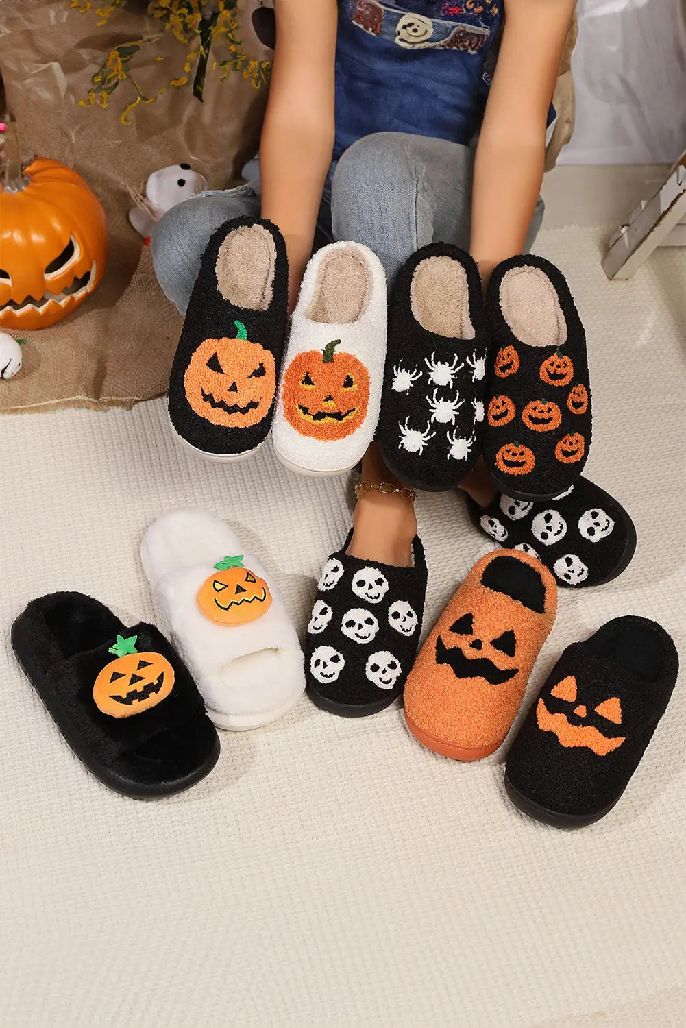 White Halloween Pumpkin Print Plush Slippers (Runs Small, Size Up) Dear-Lover Dropshipping