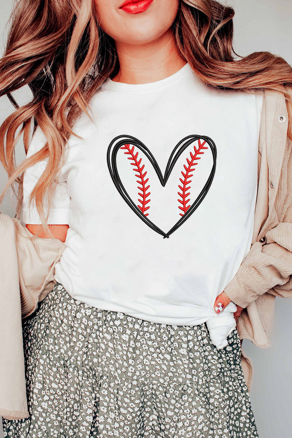 White Baseball Heart Shape Embroidery Graphic Tee