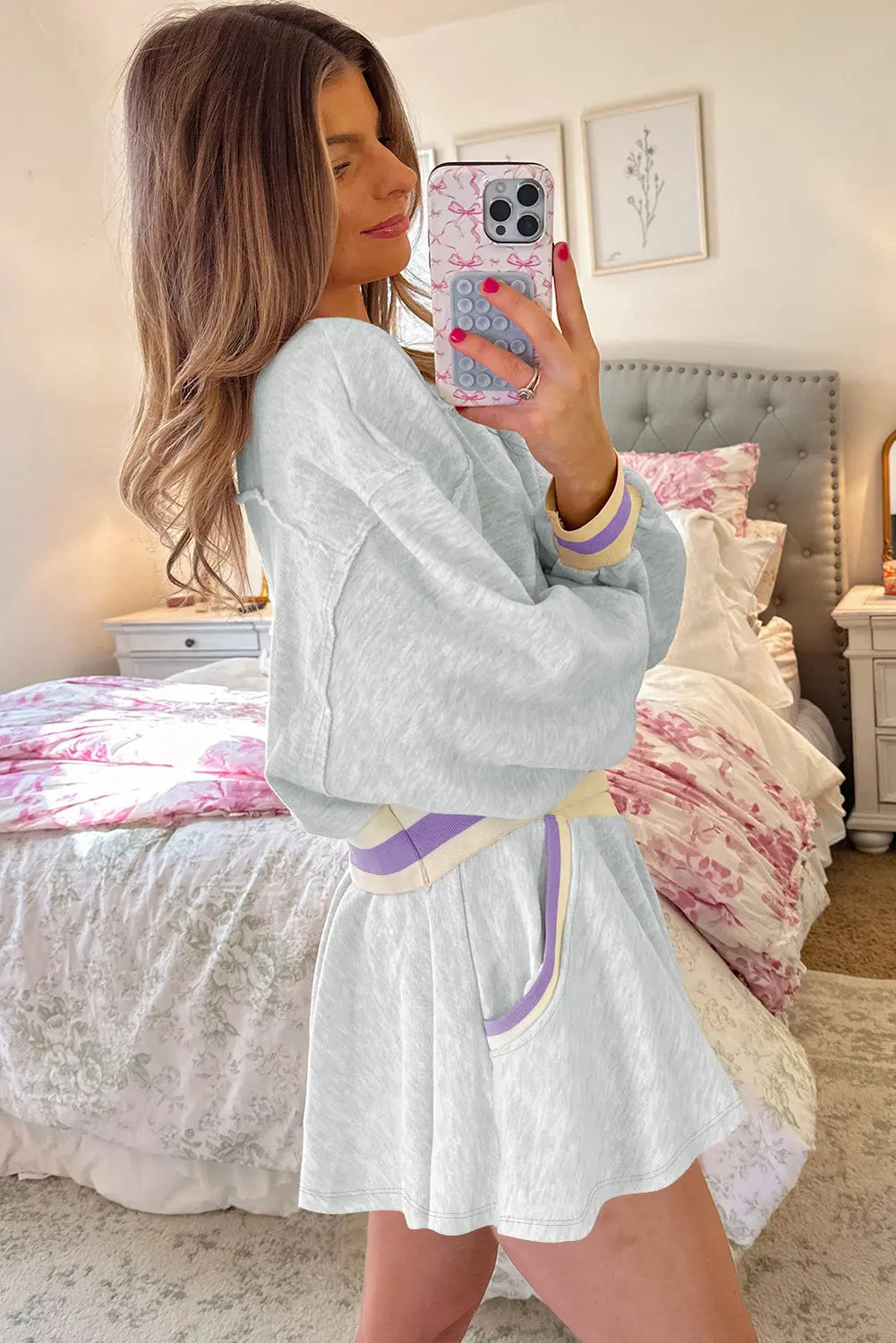 Light Grey Contrast Striped Bands Cropped Pullover and Athletic Short Set Dear-Lover Dropshipping