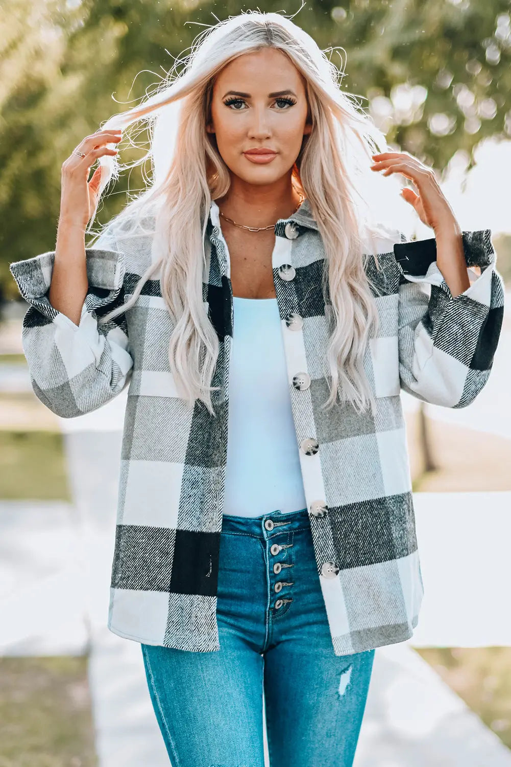 Gray Plaid Color Block Buttoned Long Sleeve Jacket with Pocket Dear-Lover Dropshipping