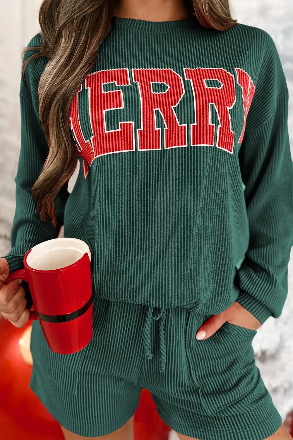 Evergreen Corded MERRY Graphic Long Sleeve Top and Shorts Set Dear-Lover Dropshipping