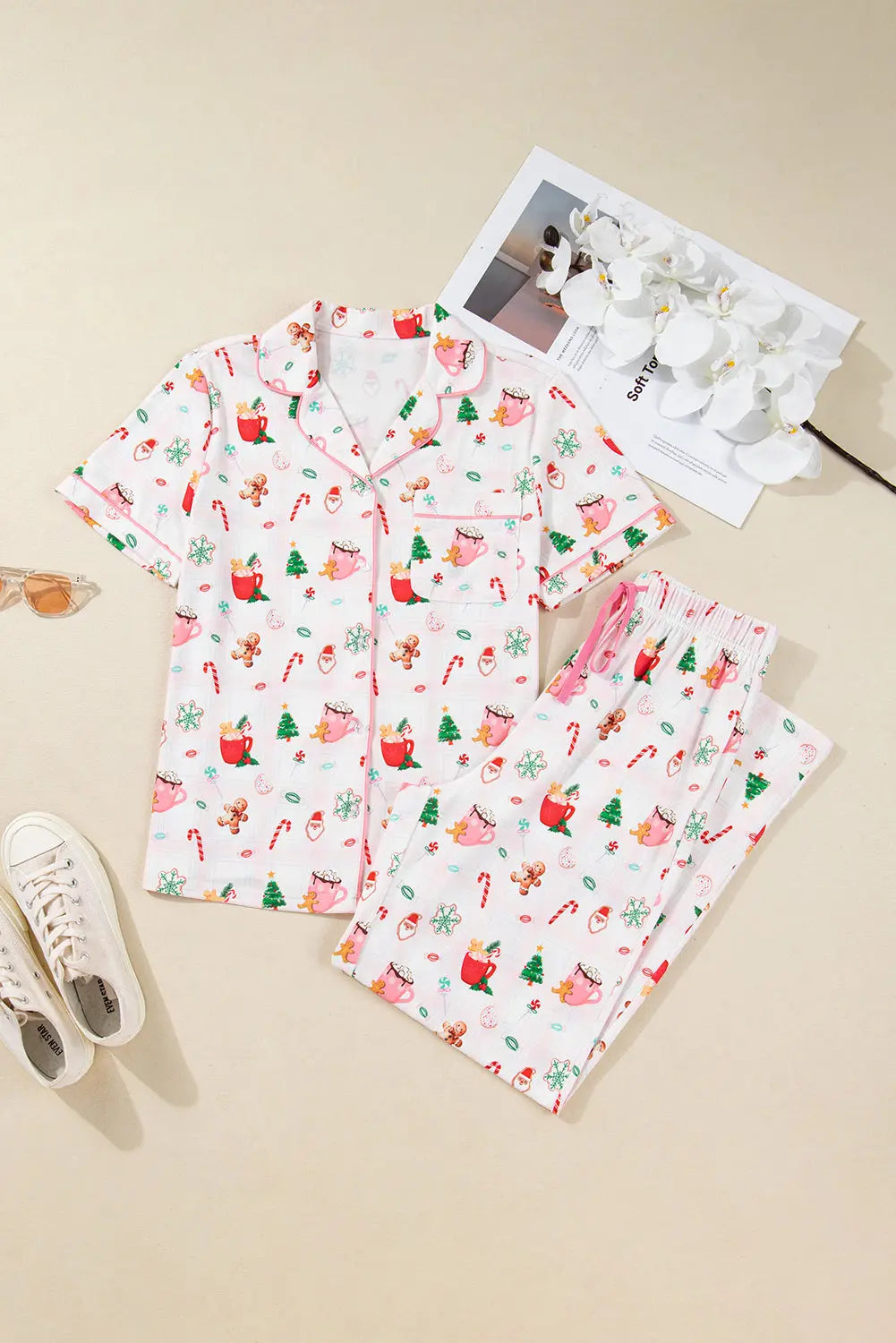 Pink Christmas Spirit Cute Holiday Print Short Sleeve Shirt and Pants 2pcs Pajama Set Dear-Lover Dropshipping