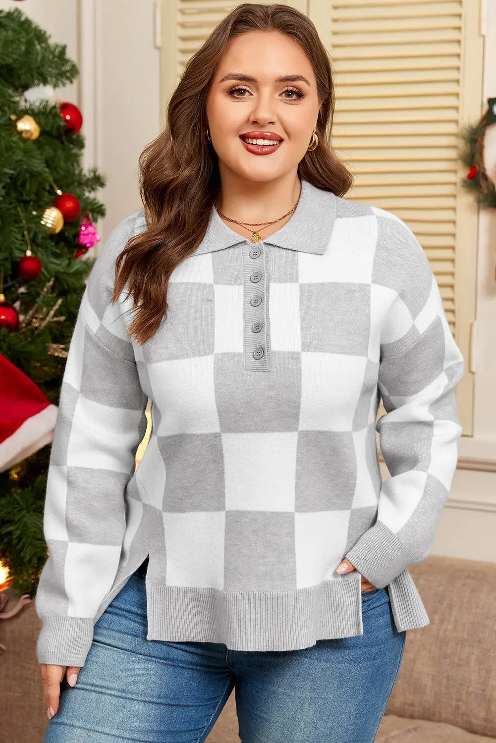 Gray Plus Size Checkered Pattern Button Polo Collar Split Sweater Dear-Lover Dropshipping