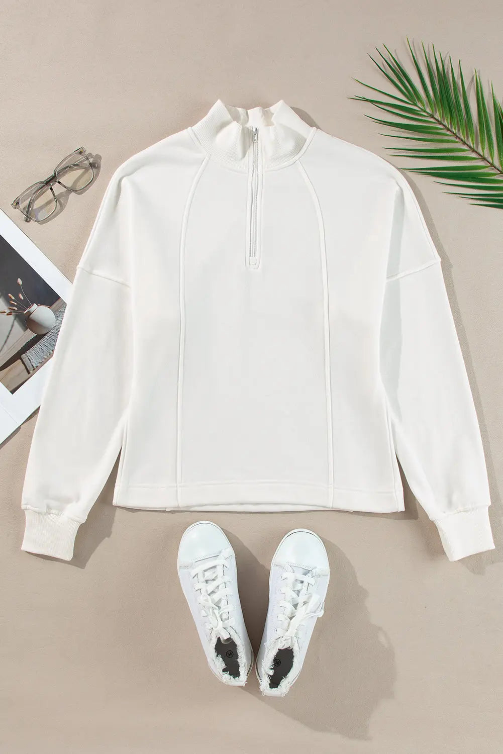 White Zipped Neck Pullover Drop Shoulder Sweatshirt Dear-Lover Dropshipping