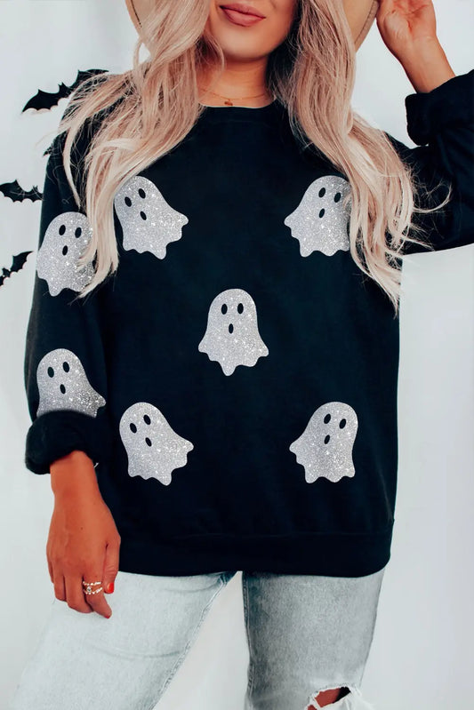 Black Glitter Ghost Pattern Crew Neck Halloween Sweatshirt Dear-Lover Dropshipping