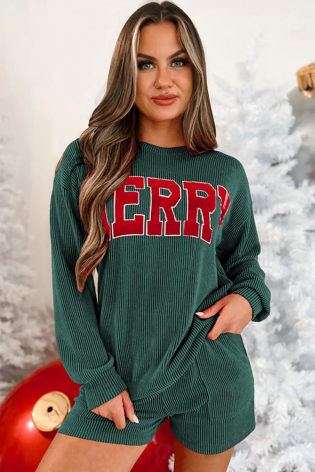 Evergreen Corded MERRY Graphic Long Sleeve Top and Shorts Set Dear-Lover Dropshipping