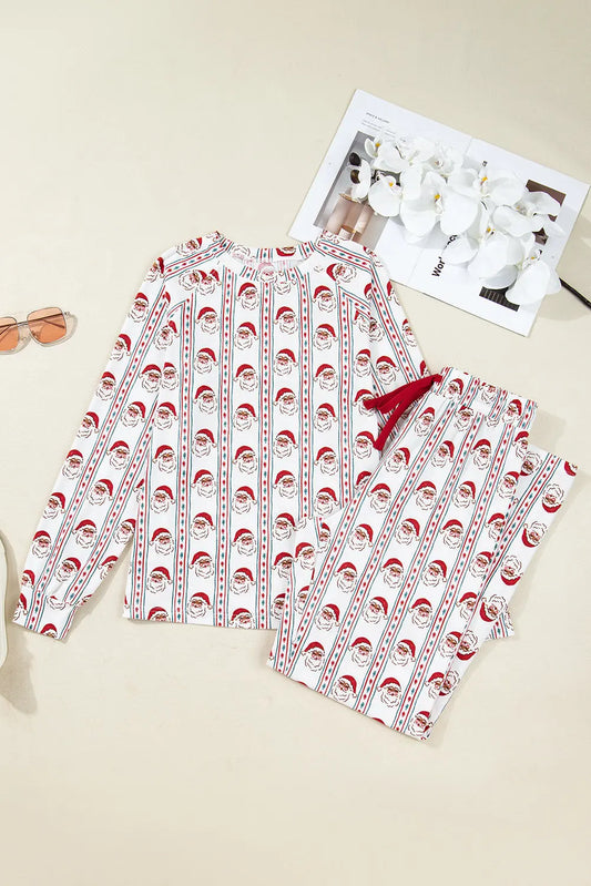 White Father Christmas Striped Print Contrast Drawstring Lounge Pant Set Dear-Lover Dropshipping