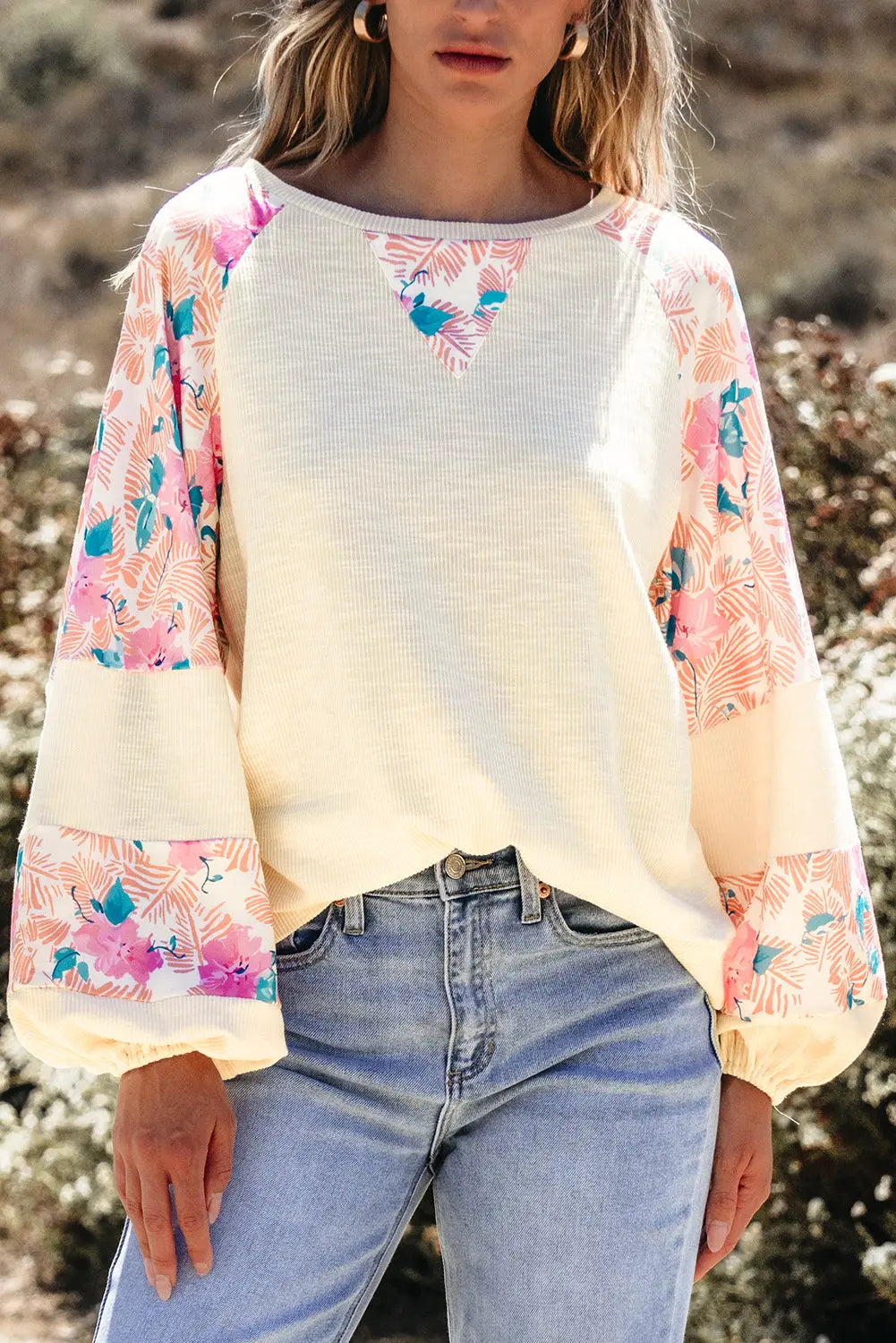 Apricot Textured Floral Patchwork Balloon Sleeve Blouse Dear-Lover Dropshipping