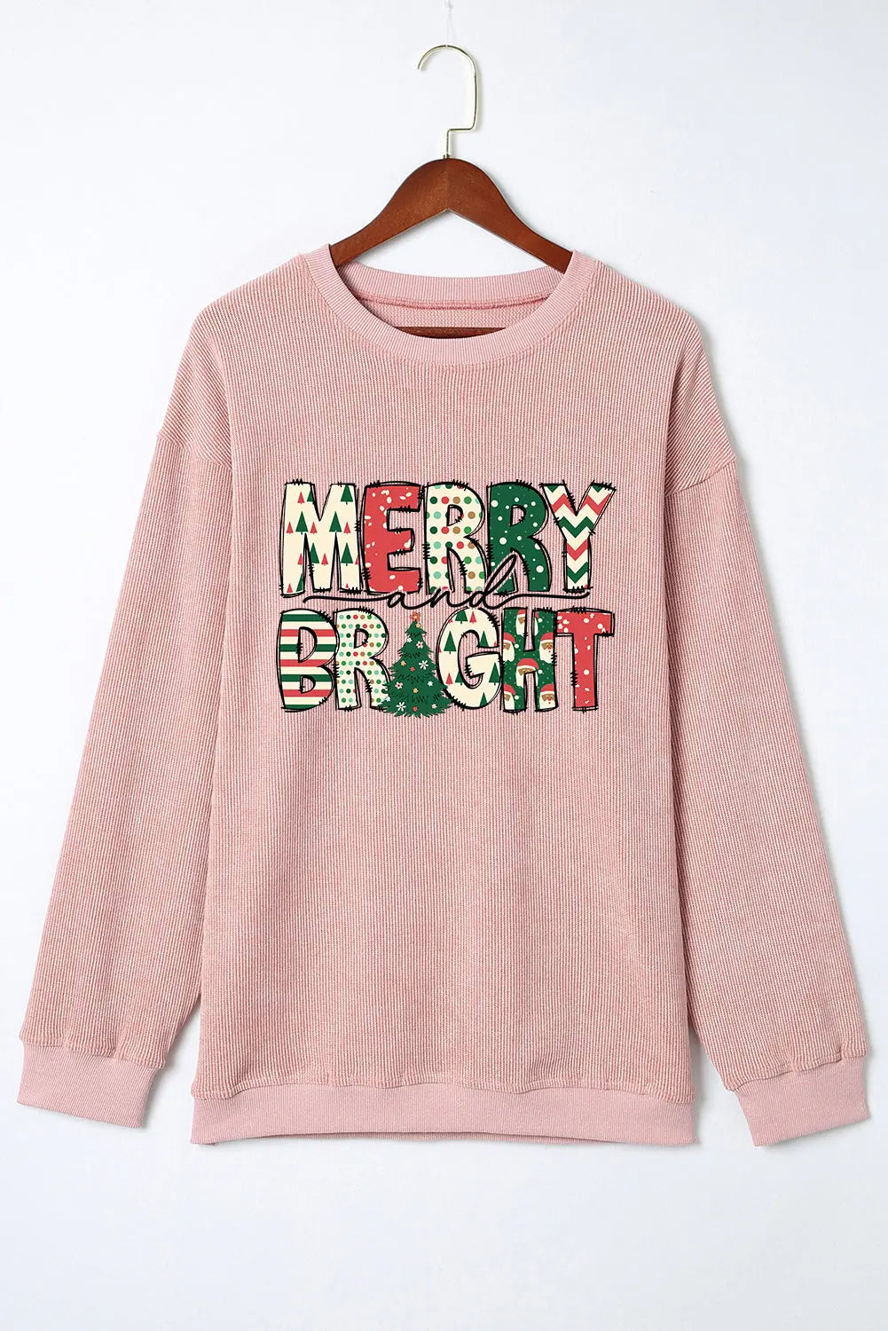 Pink MERRY and BRIGHT Christmas Tree Print Ribbed Sweatshirt Dear-Lover Dropshipping