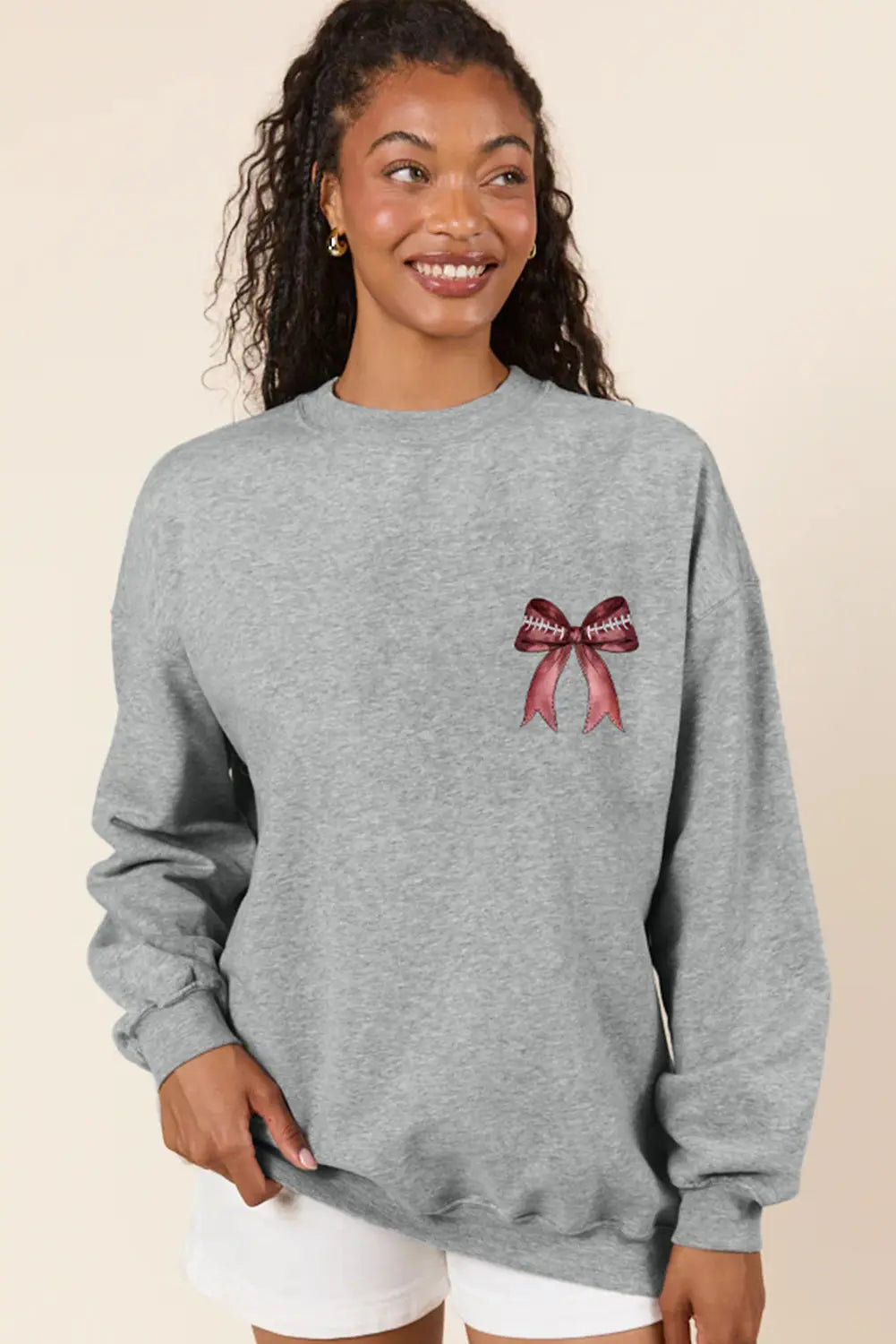 Gray Football Bow Print Drop Shoulder Pullover Sweatshirt Dear-Lover Dropshipping