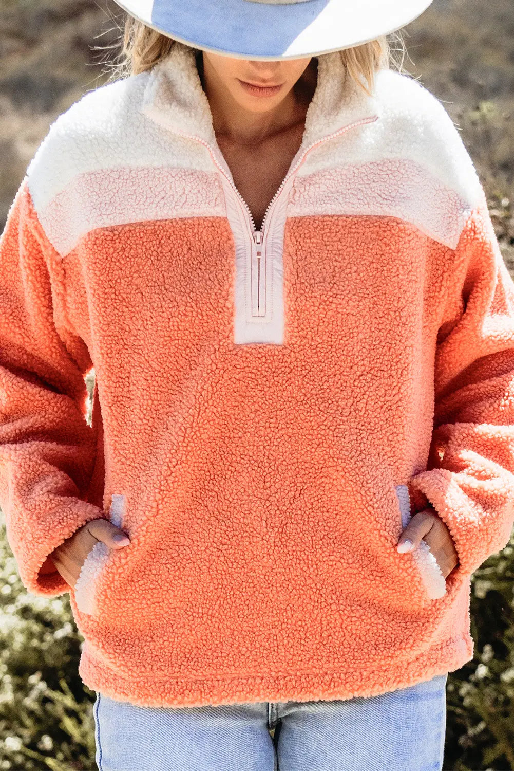 Orange Colorblock Half Zipper Stand Neck Sherpa Sweatshirt Dear-Lover Dropshipping
