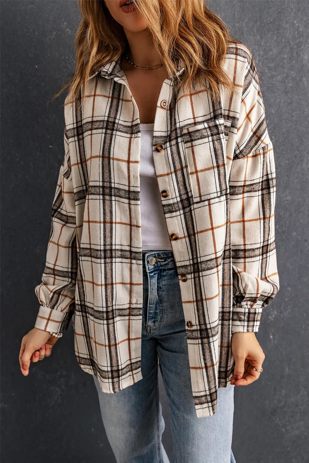 White Oversized Plaid Pattern Shacket with Slits Dear-Lover Dropshipping