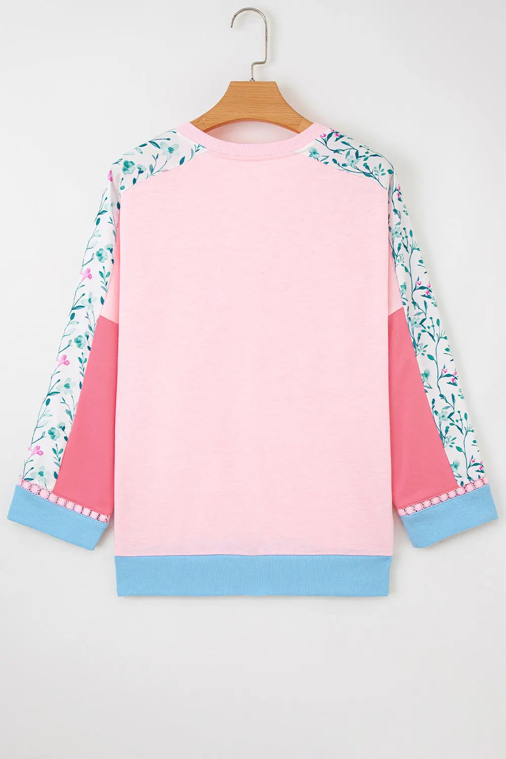 Light Pink Floral Colorblock Patchwork Chest Pocket Notched Neck Long Sleeve Top Dear-Lover Dropshipping