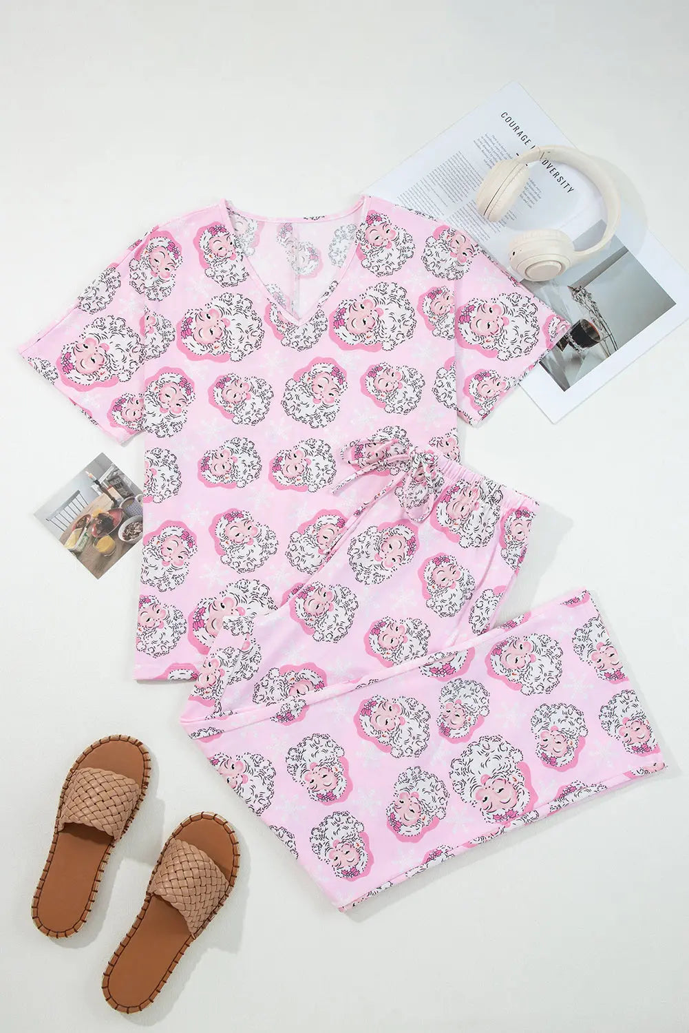 Pink Santa Claus Print V Neck Tee Drawstring Pants 2pcs Lounge Set Dear-Lover Dropshipping