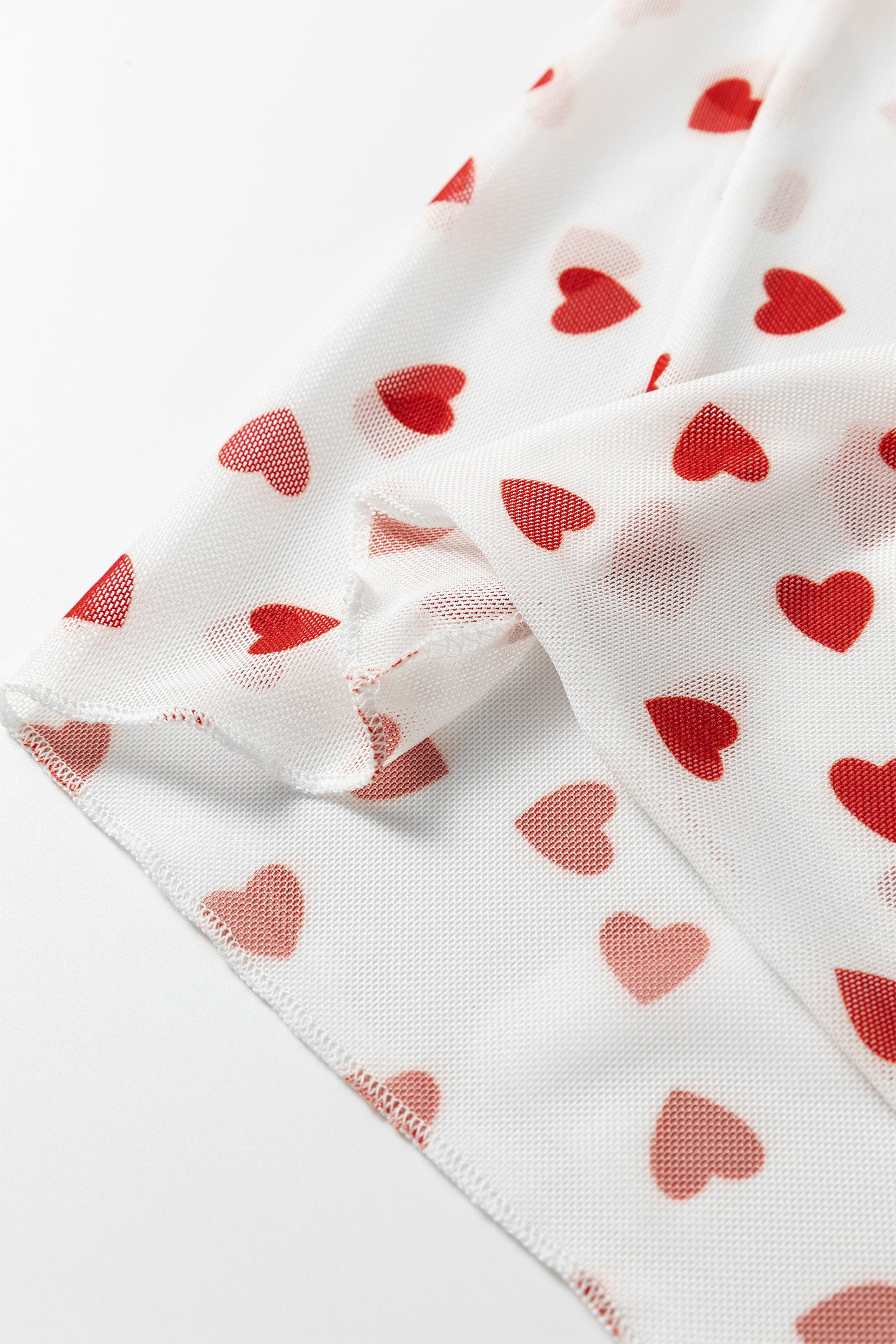 Red Allover Heart Print Mesh Short Sleeve Top