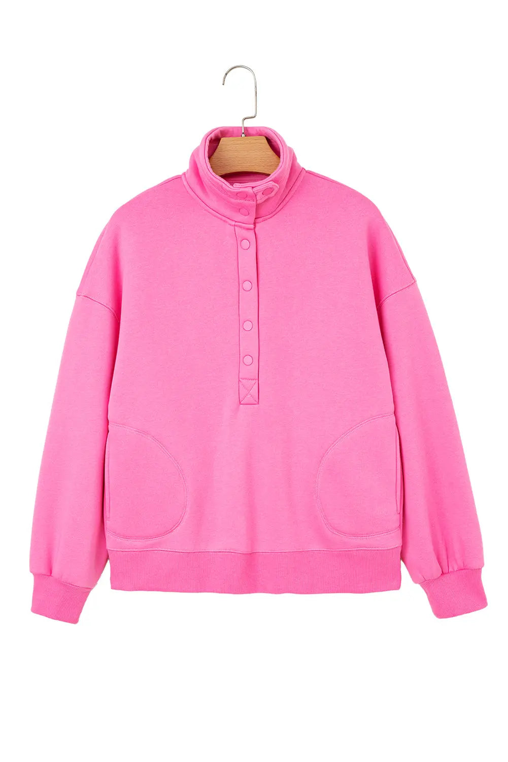 Bright Pink Half Button Stand Neck Drop Shoulder Sweatshirt