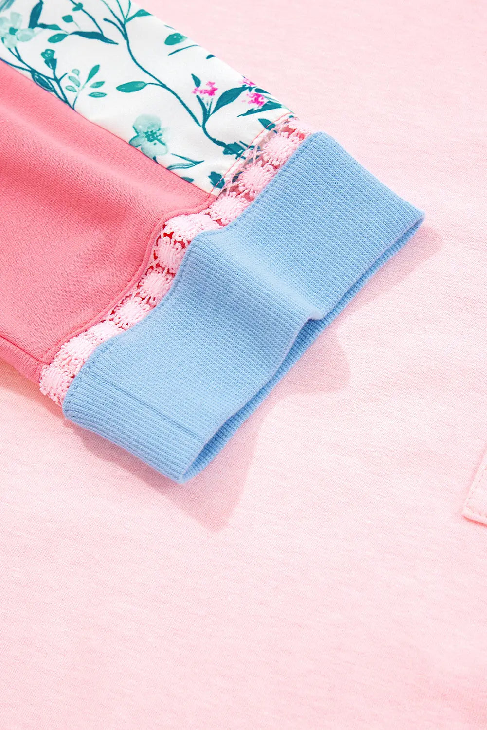 Light Pink Floral Colorblock Patchwork Chest Pocket Notched Neck Long Sleeve Top Dear-Lover Dropshipping