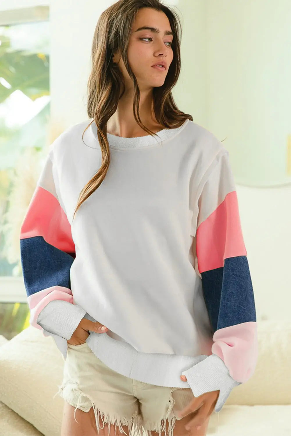 White French Terry Color Block Long Sleeve Top Dear-Lover Dropshipping