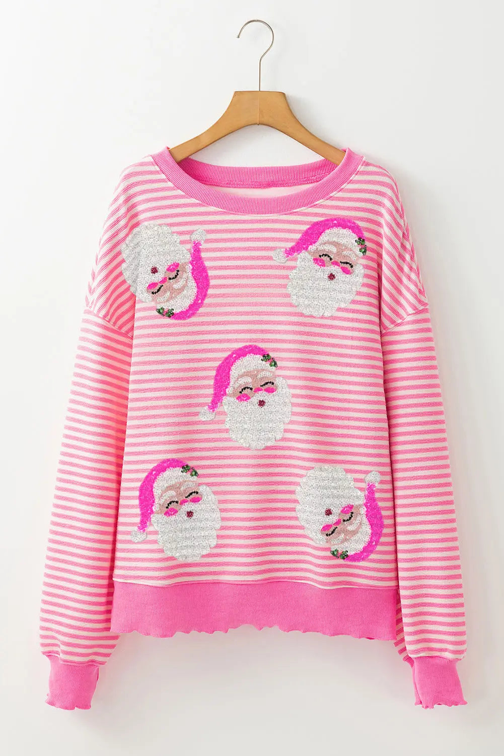 Pink Stripe Santa Clause Print Drop Shoulder Long Sleeve Loose Top Dear-Lover Dropshipping