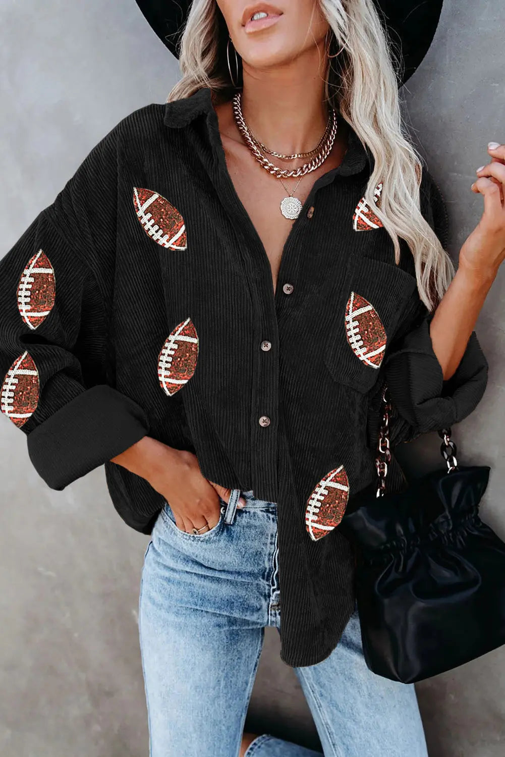 Black Sequin Rugby Pattern Buttoned Corduroy Shacket Dear-Lover Dropshipping