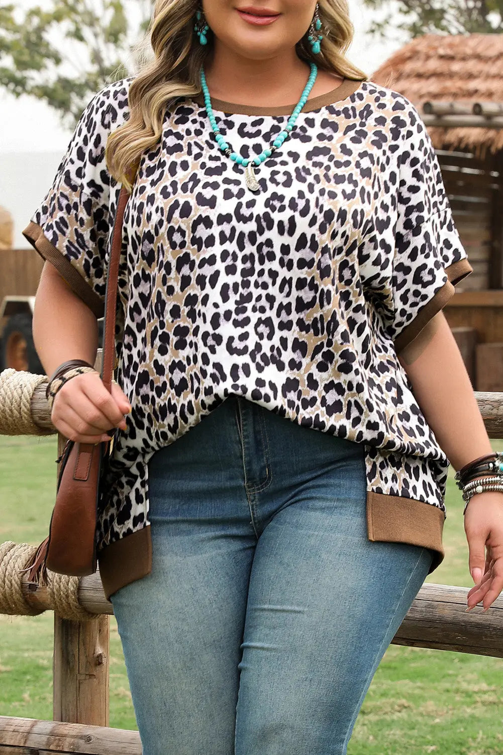 Khaki Leopard Contrast Trim Short Sleeve Loose Plus Size Top Dear-Lover Dropshipping