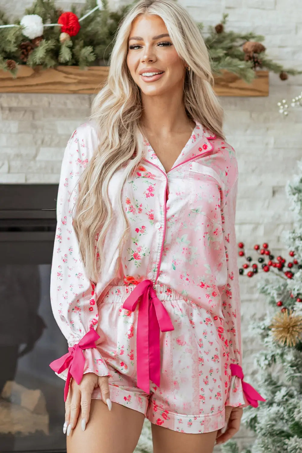 Pink Mixed Floral Print Contrast Piping Trim Satin Tie 2pcs Pajama Set Dear-Lover Dropshipping
