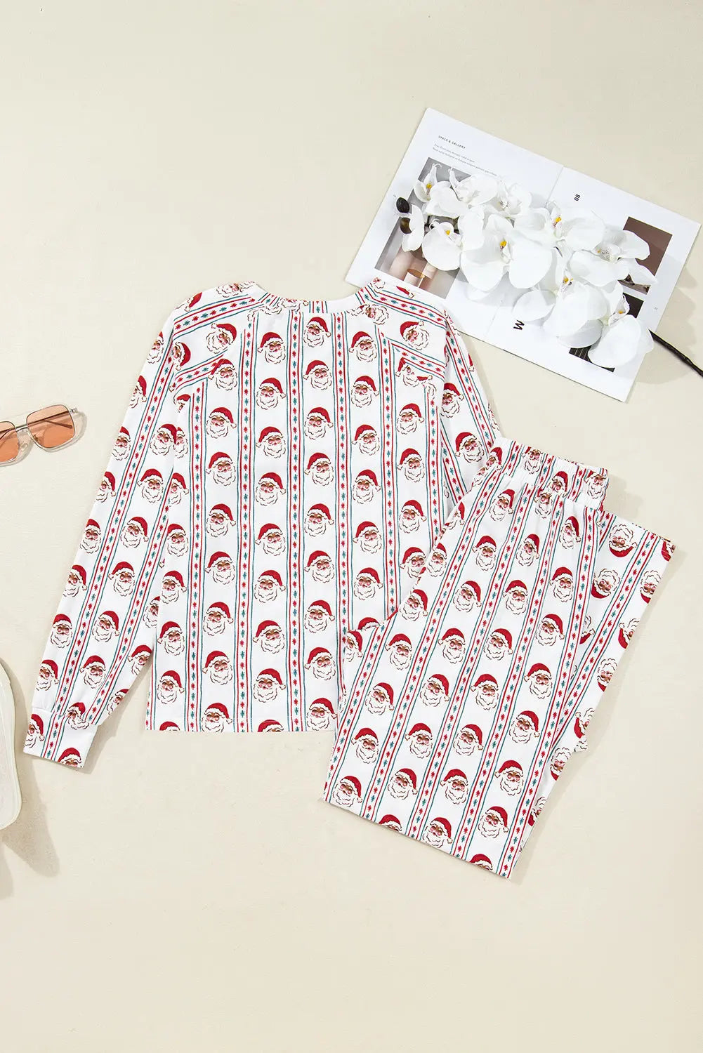 White Father Christmas Striped Print Contrast Drawstring Lounge Pant Set Dear-Lover Dropshipping