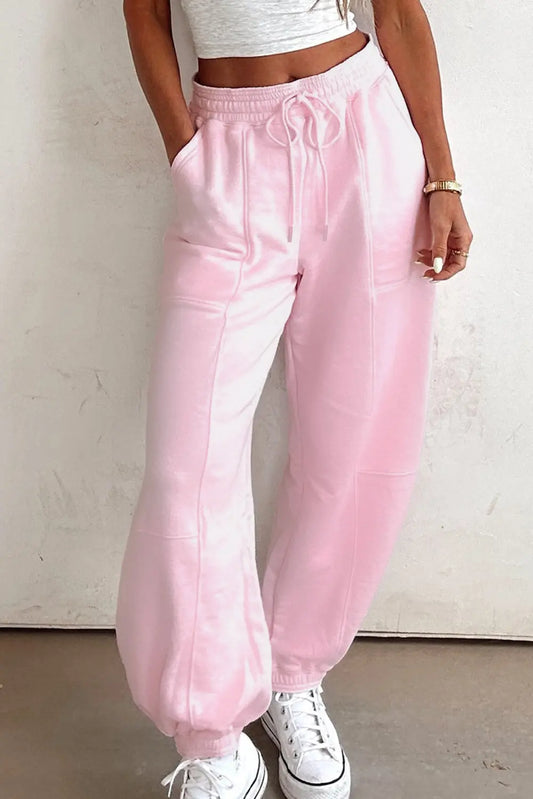 Light Pink Drawstring Elastic Waistband Solid Color Jogger Pants Dear-Lover Dropshipping
