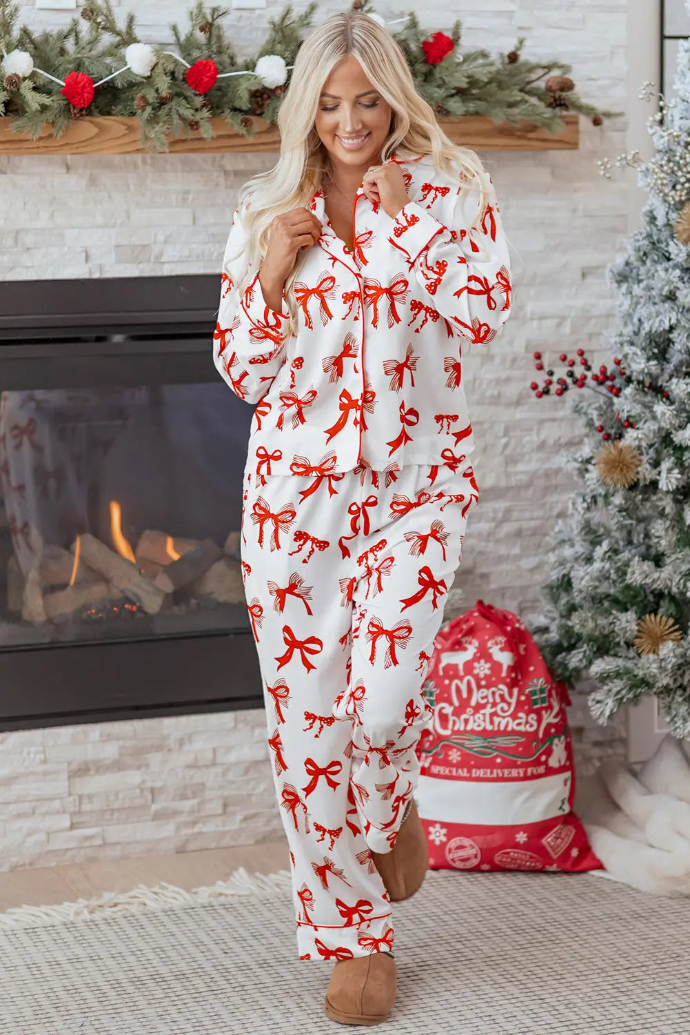 Red Christmas Bow Print Long 2pcs Pajama Set Dear-Lover Dropshipping