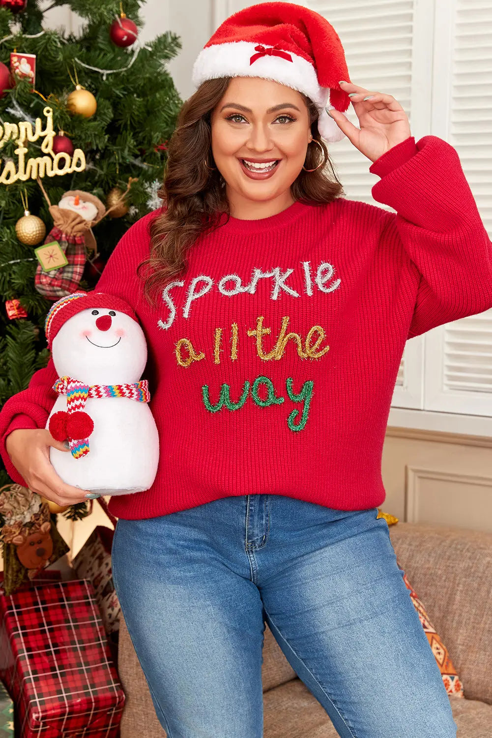 Racing Red Sparkle All The Way Tinsel Crew Neck Plus Size Sweater Dear-Lover Dropshipping