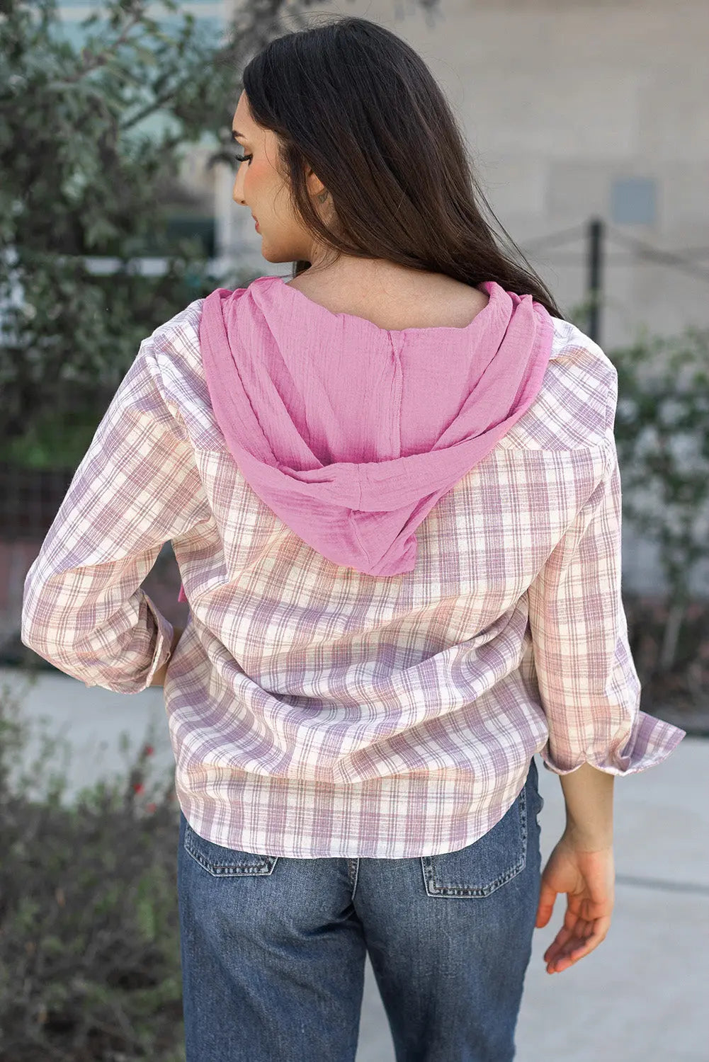 Pink Checkered Print Loose Fit Buttoned Hooded Shacket Dear-Lover Dropshipping