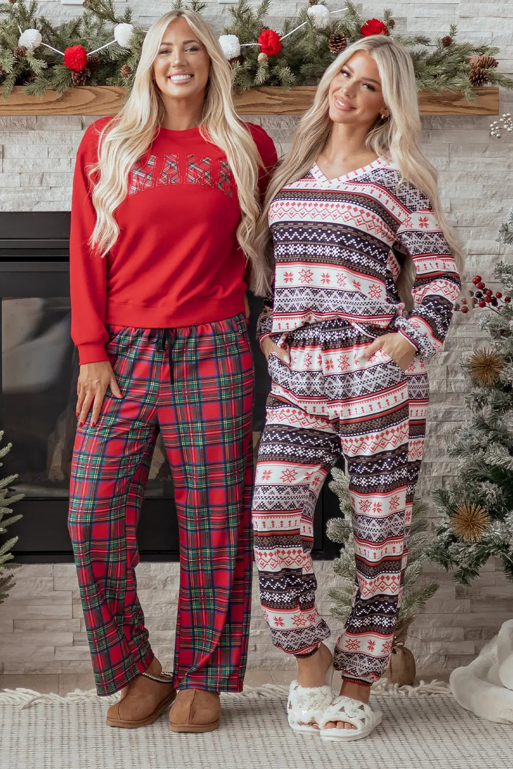 Red Plaid Mama Graphic Christmas Holiday Crewneck Pullover and Pants Two Piece Lounge Set Dear-Lover Dropshipping