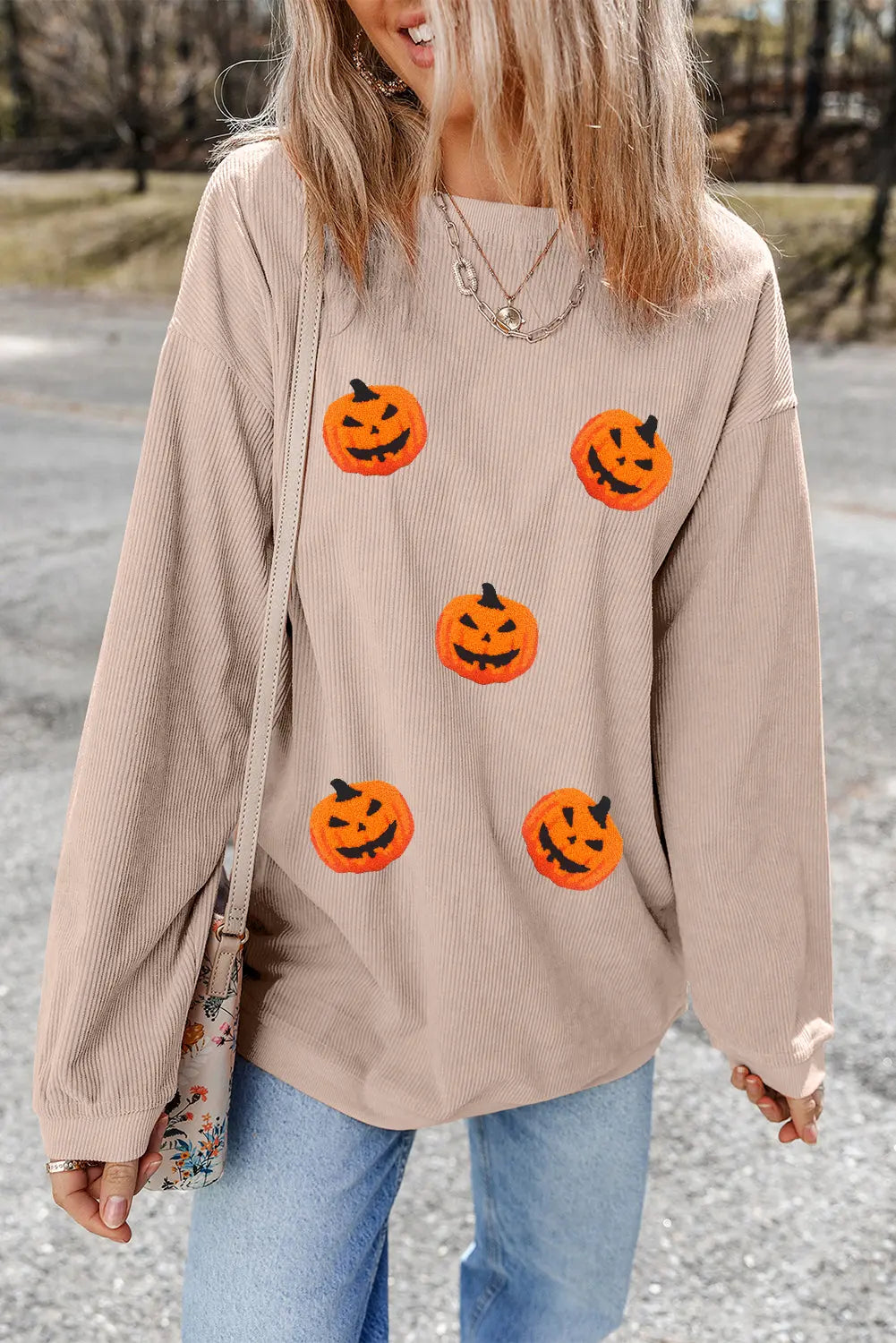 Apricot Twisted Rib Texture Chenille Halloween Pumpkin Patched Drop Shoulder Sweatshirt Dear-Lover Dropshipping