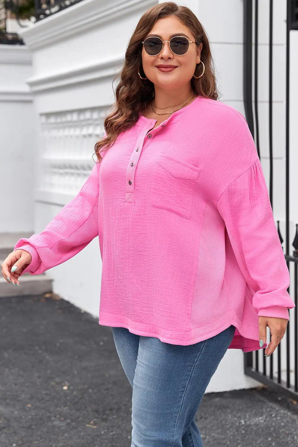 Bonbon Half Buttons Chest Pocket Drop Sleeve Plus Size Top Dear-Lover Dropshipping